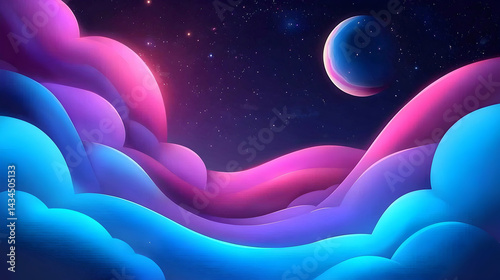Vibrant Neon Cloudscape with Planets and Stars