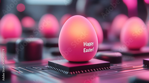 Obraz na płótnie Vibrant Neon Pink Easter Eggs on Digital Circuit Board w salonie