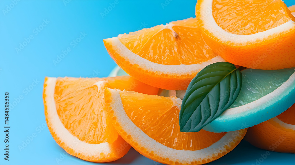 Vibrant Orange Slices and Mint on Blue Background