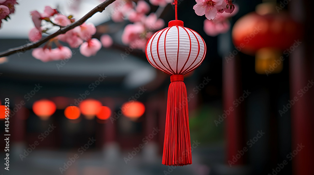 Vibrant Red and White Lantern with Tassel Hanging from Cherry Blossom Branch