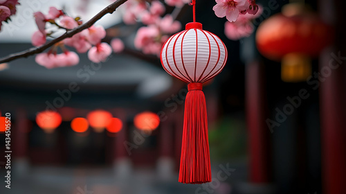 Obraz na płótnie Vibrant Red and White Lantern with Tassel Hanging from Cherry Blossom Branch w salonie