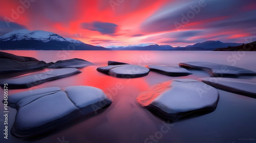 Obraz na płótnie Vibrant Red Sunset over Snowy Mountains and Calm Lake w salonie