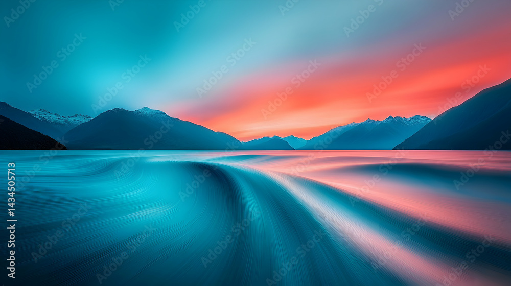 Vibrant Sunset Over Teal Sea and Mountains