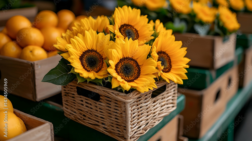 Vibrant Yellow Sunflowers in Woven Basket with Oranges