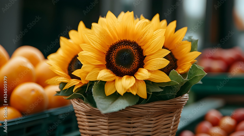 Vibrant Yellow Sunflowers in Woven Basket with Oranges and Apples