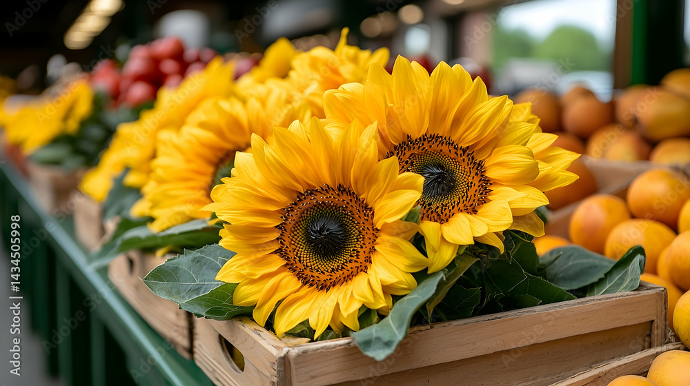 Vibrant Yellow Sunflowers in Wooden Crate at Farmers Market