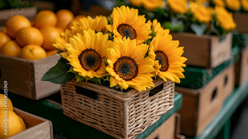 Obraz na płótnie Vibrant Yellow Sunflowers in Woven Basket with Oranges w salonie