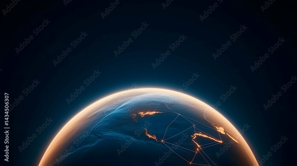 Virtual Blue Globe Planet with Orange Network Lines