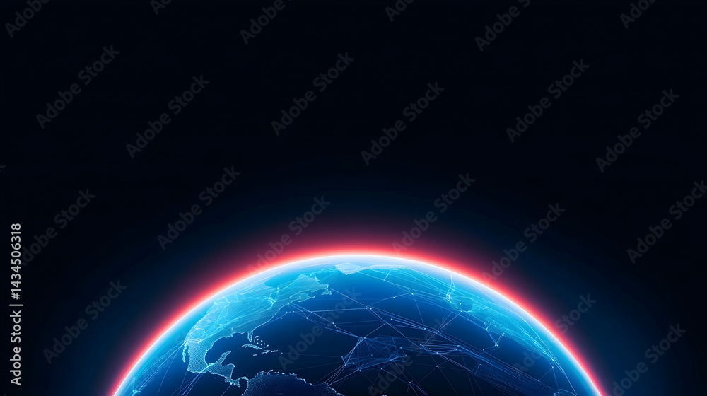Virtual Blue Planet Globe with Network Lines and Red Glow