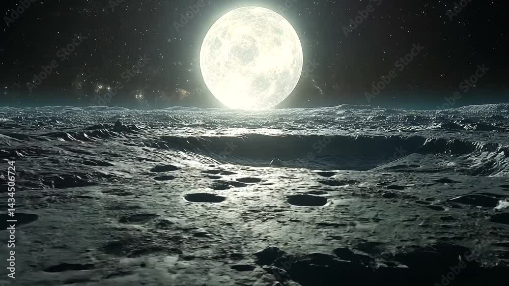 Full moon illuminating a lunar landscape at night