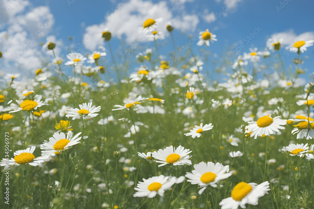 Fototapeta premium Chamomile flowers blooming across verdant meadow beneath soft cloudy sky, capturing serene landscape with gentle wildflower expanse and tranquil summer atmosphere