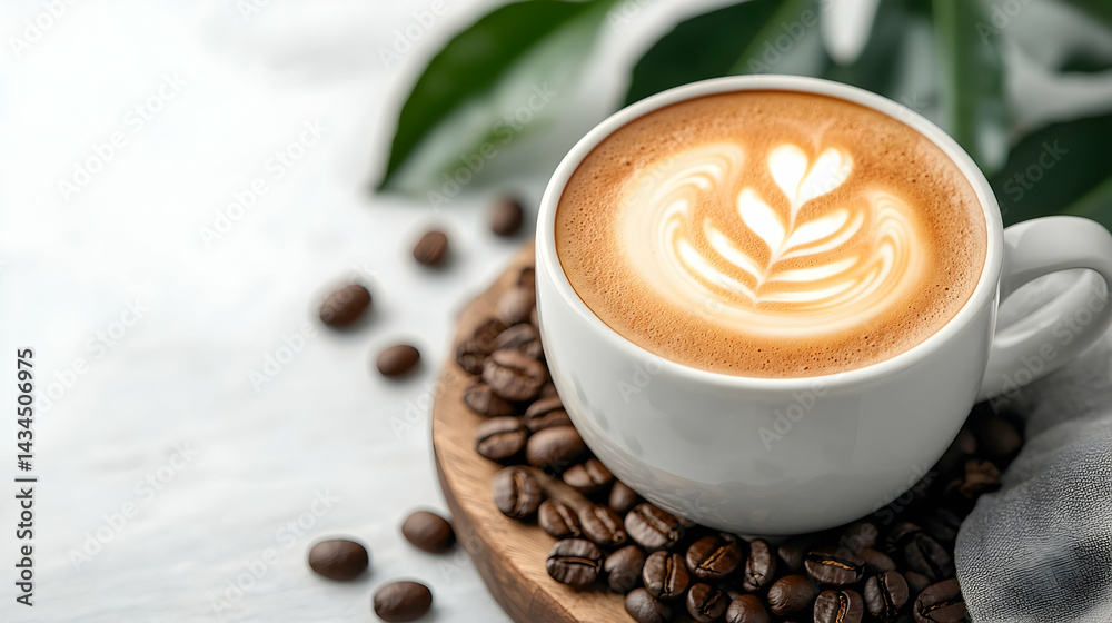 Warm Latte with Coffee Beans on Wooden Tray