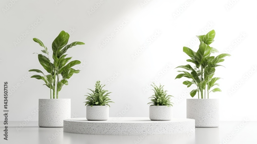 Fototapeta premium Plants on Pedestal Minimalist Greenery High-resolution Soft Lighting Centered Display Textured Pots Home Decor Bright White Modern Interior Design extra details included
