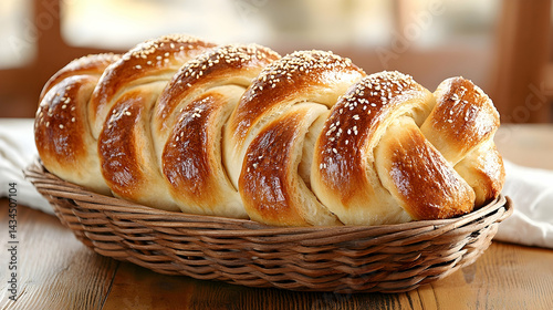 Warm Rustic Bakery Display of Golden Braided Buns in Wicker Basket