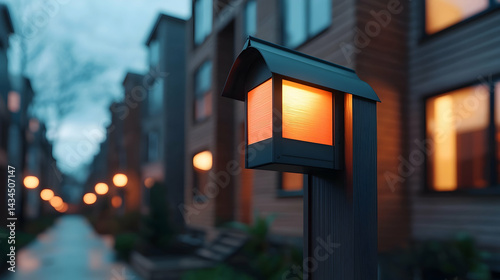Warmly Lit Lantern on Wooden Post in Suburban Sunset