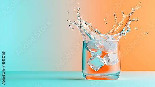 Water Splashing in Glass with Ice Cubes on a Teal and Orange Background