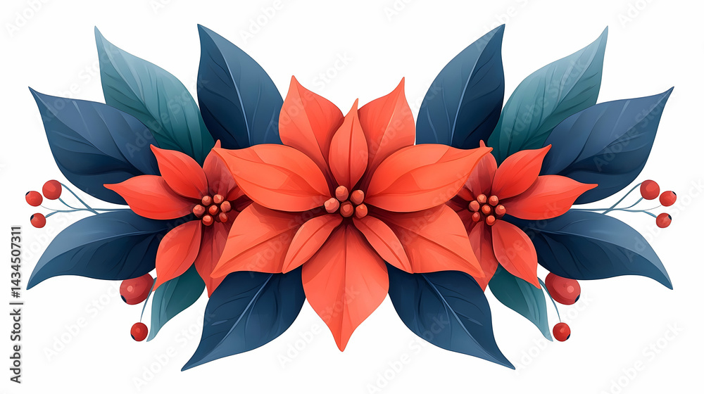 Watercolor Christmas Holly Frame with Red Poinsettia Flowers and Blue Leaves