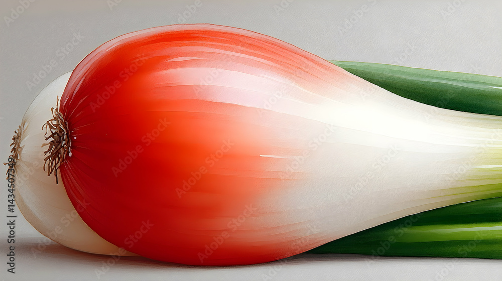 Watercolor Painting of Fresh Spring Onions with Red and White Bulbs