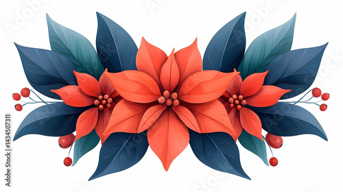 Obraz na płótnie Watercolor Christmas Holly Frame with Red Poinsettia Flowers and Blue Leaves w salonie
