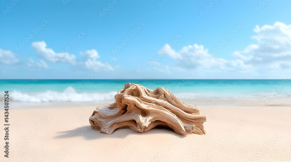 Weathered Driftwood on Sandy Beach near Turquoise Ocean