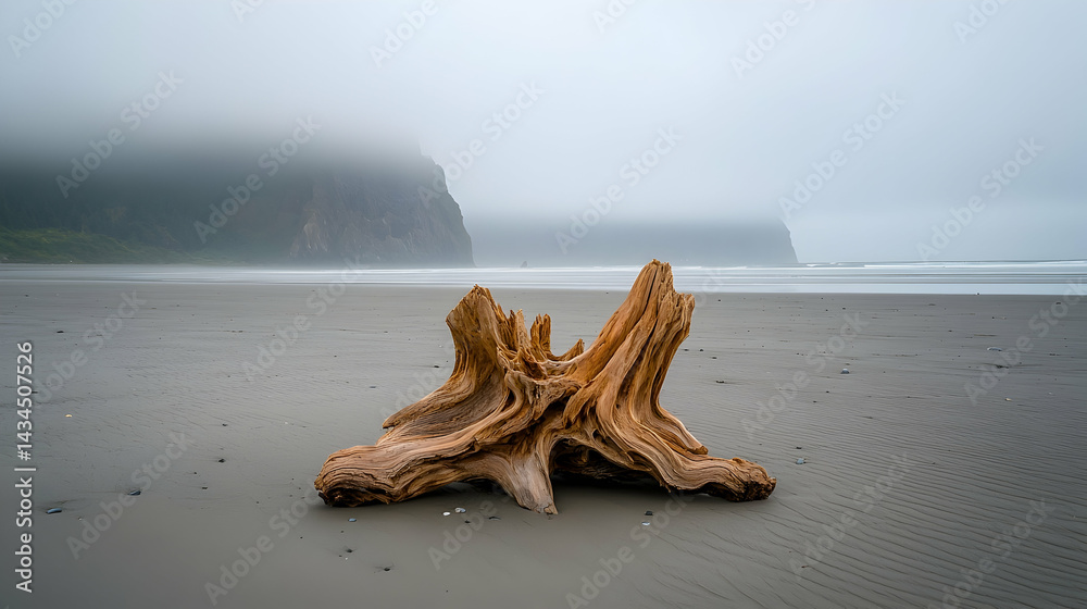 Weathered Driftwood on Sandy Beach near Misty Ocean and Mountain