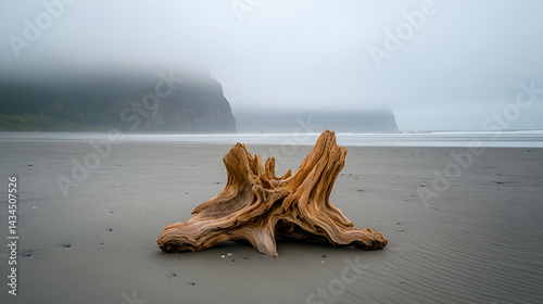 Obraz na płótnie Weathered Driftwood on Sandy Beach near Misty Ocean and Mountain w salonie