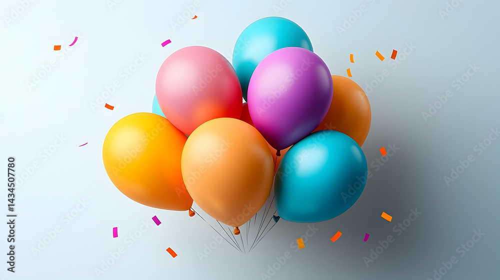 Whimsical Array of Multicolored Balloons with Confetti on Light Blue Background