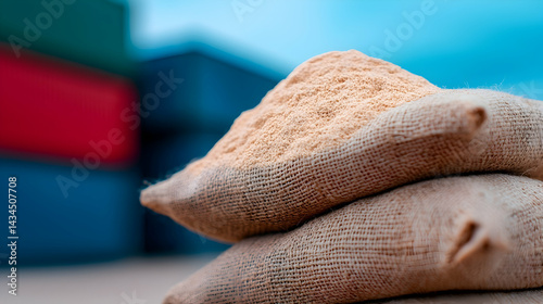 Obraz na płótnie Wheat Grains in Burlap Sacks Awaiting Export w salonie