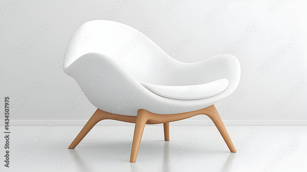 White Armchair with Wooden Legs on White Background