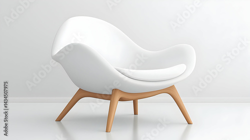 White Armchair with Wooden Legs on White Background