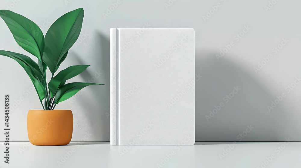 White Book Cover Mockup on Desk with Plant