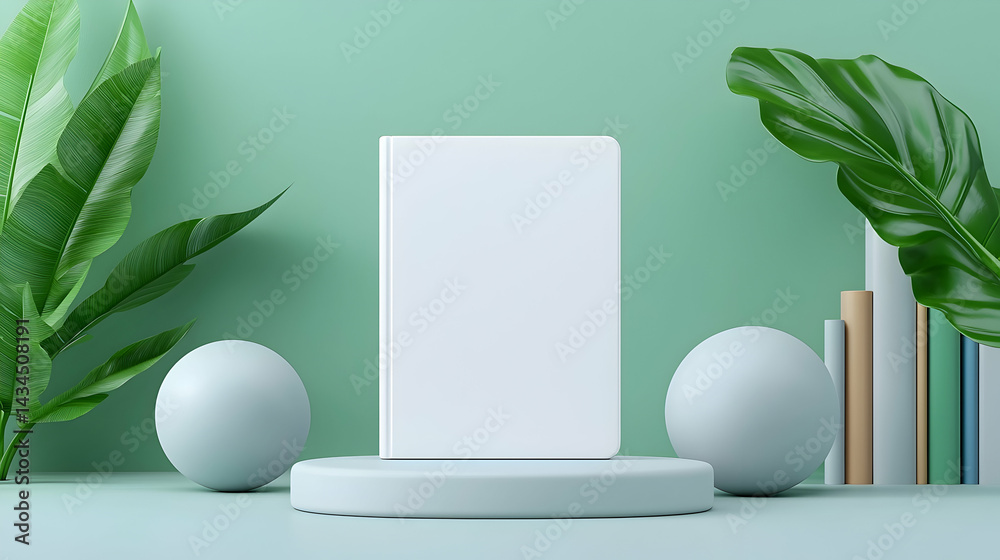 White Book Cover Mockup on Green Desk with Plants
