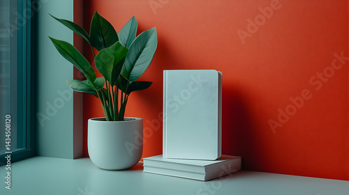 Obraz na płótnie White Book and Potted Plant on Teal Surface Against Orange Wall w salonie