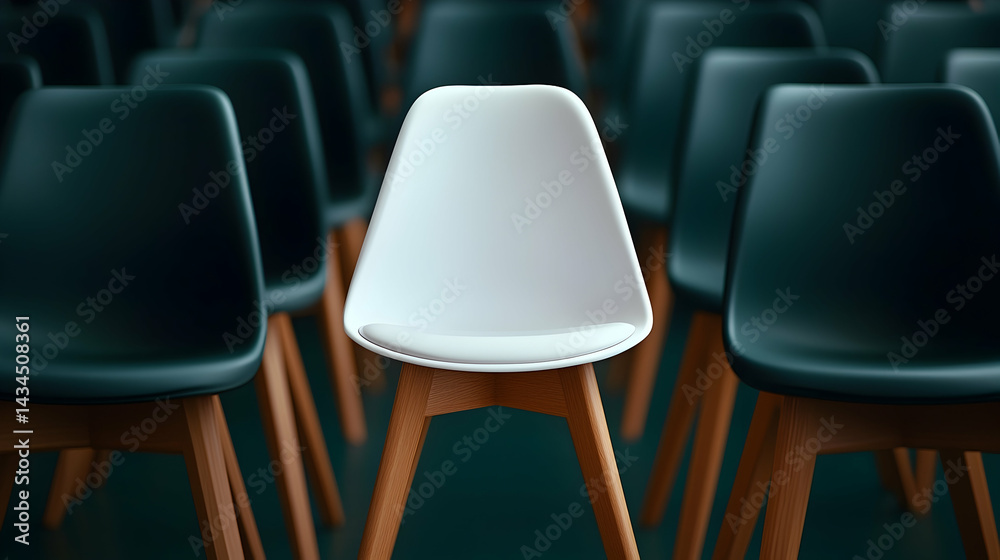 White Chair Among Teal Chairs: A Concept of Standing Out