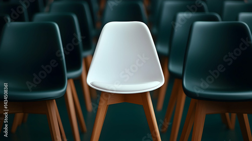 Obraz na płótnie White Chair Among Teal Chairs: A Concept of Standing Out w salonie