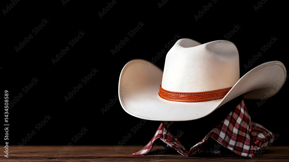 White Cowboy Hat with Red and White Bandana on Rustic Wooden Surface
