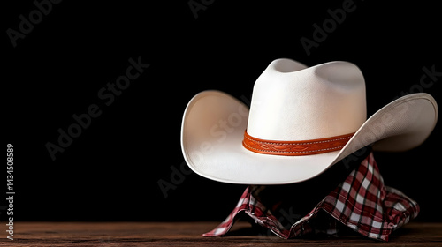 Obraz na płótnie White Cowboy Hat with Red and White Bandana on Rustic Wooden Surface w salonie
