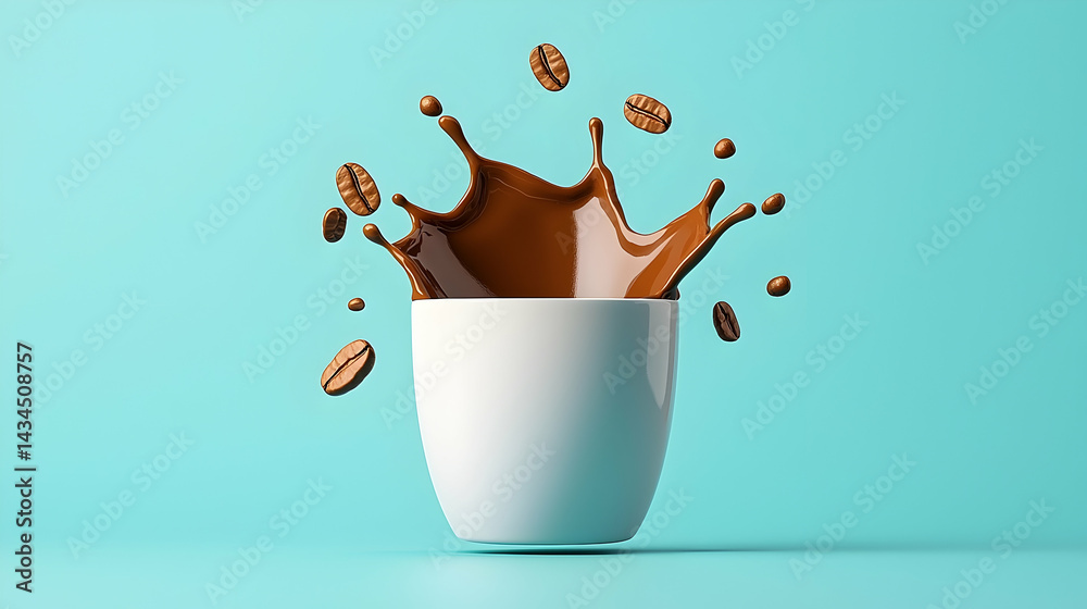 White Cup Coffee Splash with Brown Beans on Teal Background