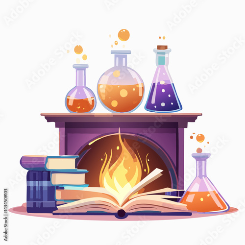 A witch’s potion lab filled with glowing flasks and spellbooks.

