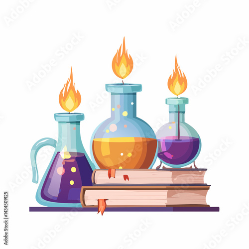 A witch’s potion lab filled with glowing flasks and spellbooks.
