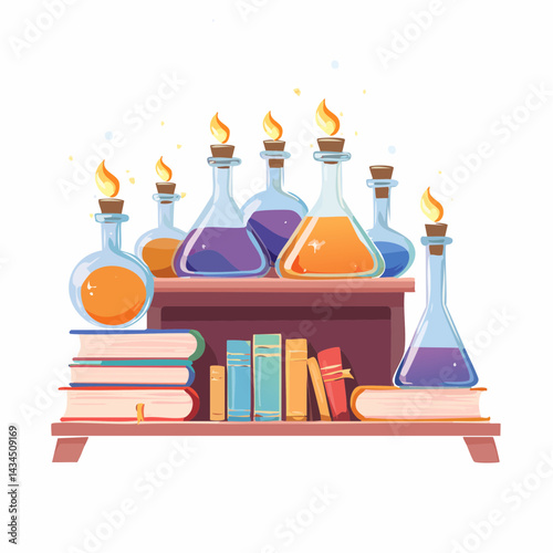 A witch’s potion lab filled with glowing flasks and spellbooks.
