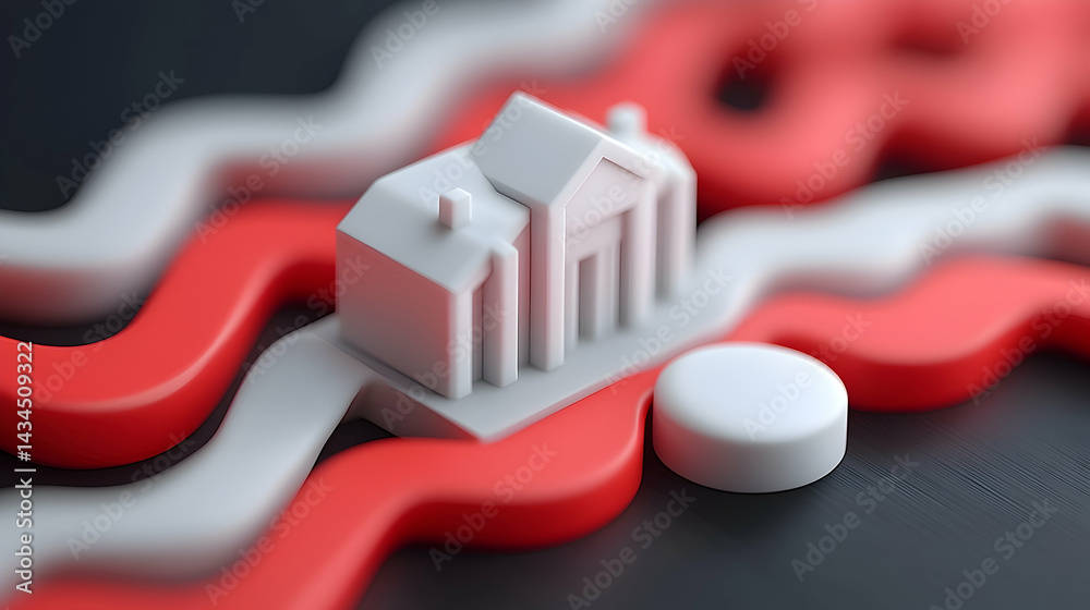 White House Model on Abstract Red and White Wave Background