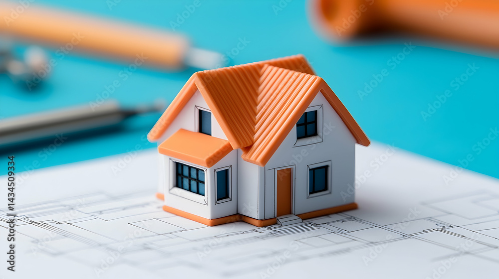 White House Model with Orange Roof on Blueprint