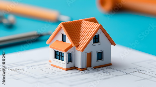 White House Model with Orange Roof on Blueprint