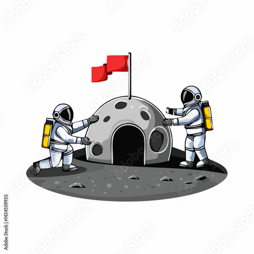 A moon base with astronauts planting a flag.
