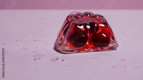 Vibrant red jelly wobble motion on pink surface captured in high resolution