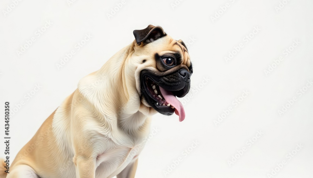 Obraz premium Playful pug in profile, isolated on pure white backdrop, adorable, motion, isolated