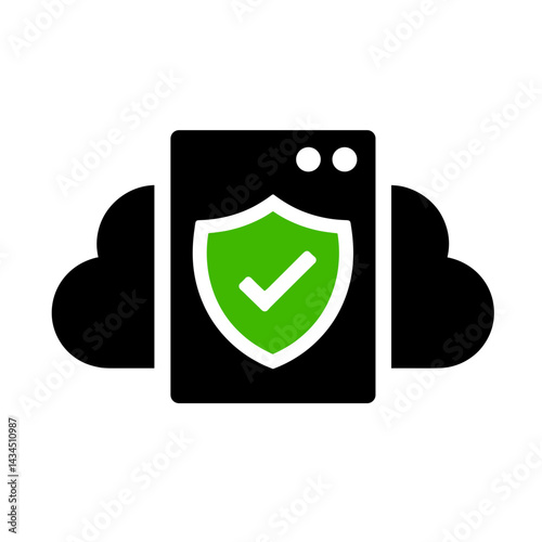 Silhouette of cloud server marked as safe with green trust icon on a white background