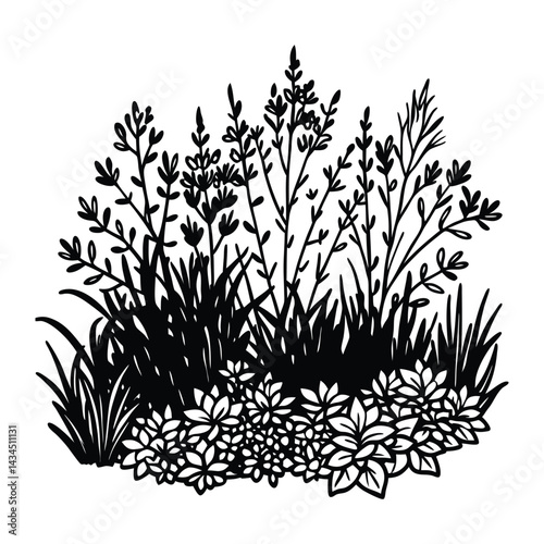 Overgrown Thickets Vector, Dense Brushwood Greenery, Ecology Landscape Forest Illustration

