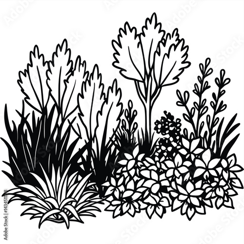 Overgrown Thickets Vector, Dense Brushwood Greenery, Ecology Landscape Forest Illustration

